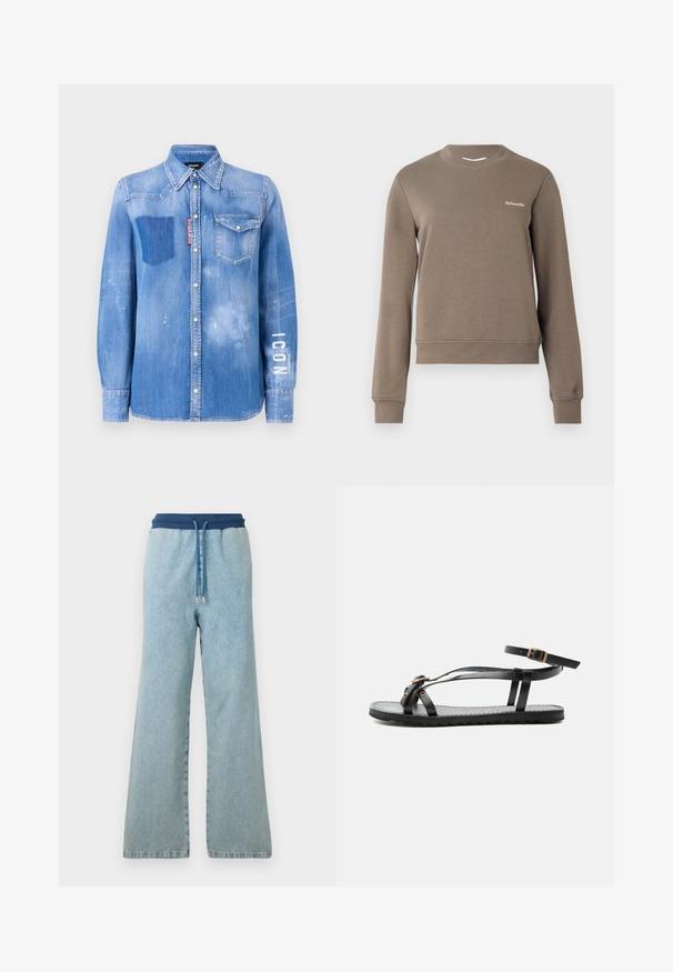 Bruine sweatshirt met lange mouwen, ronde hals en geribde cuffs. Heeft een klein wit logo aan de bovenlinkerkant. Zachte textuur.; Lichtblauwe denim shirt met een vervaagde afwerking. Heeft een patchzak, een button-down kraag en witte tekst "ICON" op de mouw.; Lichtblauwe wijde denimbroek met een donkerblauwe elastische tailleband en bijpassend trektouw met metalen tips.; Zwarte platte sandaal met dunne bandjes, enkelgesp en decoratieve goudkleurige ogen op het voorste bandje, op een effen witte achtergrond.