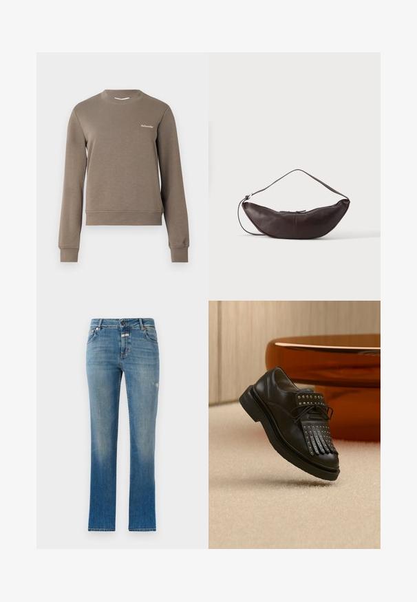 Brauner Pullover mit langen Ärmeln, rundem Ausschnitt und gerippten Bündchen. Besitzt ein kleines weißes Logo auf der oberen linken Seite. Sanfte Textur.; Helleblaue, gerade geschnittene Jeans aus Denim. Mit einer mittelhohen Taille, Fronttaschen und leichten Used-Effekten auf dem Stoff.; Schwarzer Leder-Schnürschuh mit dekorativer Fransen und Metallnieten auf beigem Teppich neben braunen Möbeln.; Dunkelbraune Leder-Schultertasche in Halbmondform mit gebogenem Riemen und sichtbarer Naht auf schlichtem Hintergrund.