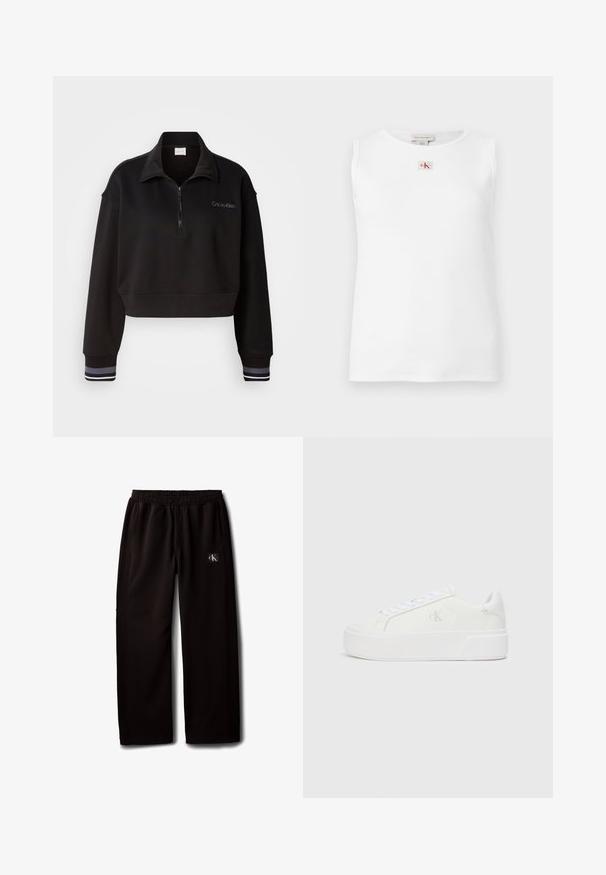 Zwart cropped sweatshirt met een ritskraag, voorzien van Calvin Klein branding en gestreepte manchetten in wit en grijs. Gemaakt van een zachte stof.; Witte mouwloze geribbelde tanktop met een klein rood en zwart Calvin Klein-logo gecentreerd net onder de halslijn.; Zwarte wijde broek met elastische tailleband en zijzakken, met een klein Calvin Klein logo-patch op de rechterdij.; Witte platform sneakers met een gladleren bovenkant, ronde neus, witte veters en subtiele logodetail aan de zijkant. Platte rubberen zool.