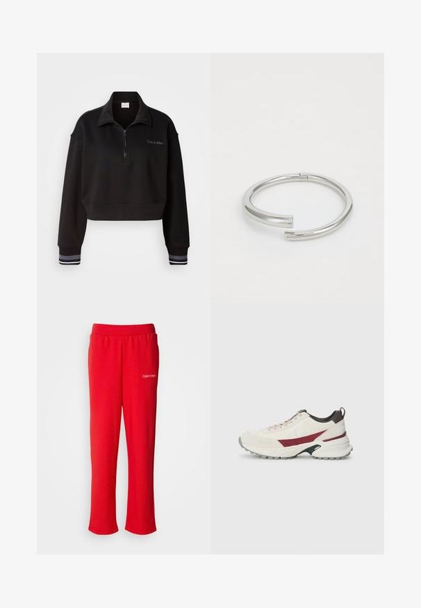 Sudadera negra corta con cuello alto con cremallera, que presenta la marca Calvin Klein y puños a rayas en blanco y gris. Fabricada en material suave.; Pantalones de chándal rojos de algodón con cintura elástica y corte relajado. Presenta un pequeño logo blanco de "Calvin Klein" en la parte inferior izquierda.; Zapatilla en blanco roto con acentos burdeos, material superior texturizado, suela de goma resistente, punta redonda y sistema de cordones.; Calvin Klein SPIRAL - Pulsera - silver-coloured