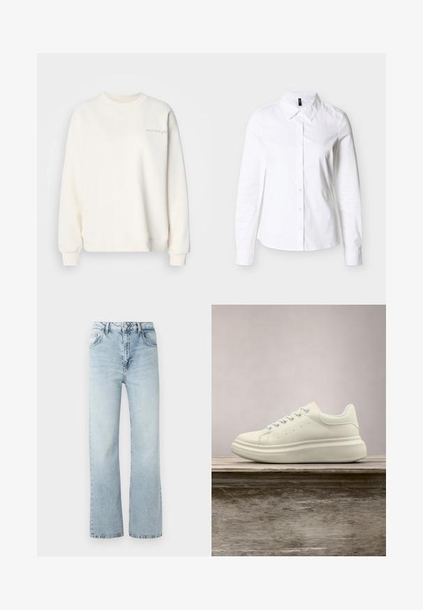 Lichtbeige sweatshirt met een ronde hals, geribbelde manchetten en zoom. Voorzien van subtiele geborduurde tekst aan de voorkant. Zacht materiaal met een gladde textuur.; Witte blouse met lange mouwen en knoopsluiting, met een puntige kraag, plat neergelegd op een lichtgrijze achtergrond.; Lichtblauwe spijkerbroek met hoge taille, wijde pijpen en subtiele vervaging. Heeft een klassiek vijf-pocketontwerp en een metalen knoopsluiting.; Witte leren sneaker met ronde neus, gladde textuur en contrasterende veters. Heeft ventilatiegaten en een dikke rubberen zool voor comfort.