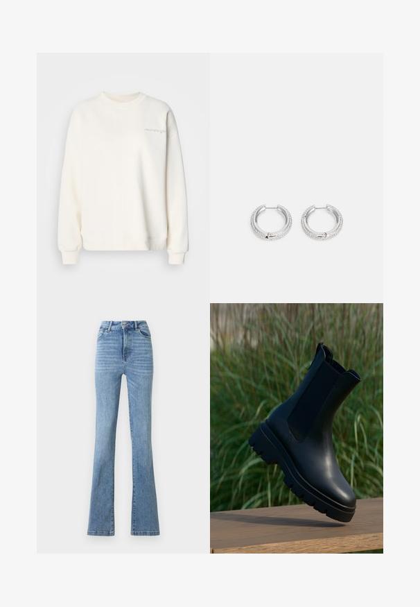 Sweatshirt beige clair avec col rond, poignets et ourlet côtelés. Présente un texte brodé subtil sur le devant. Matière douce avec une texture lisse.; Jean en denim bleu clair taille haute avec fermeture à double bouton, conception classique à cinq poches et jambes légèrement évasées.; Bottes chevilles en cuir noir au design épuré, bout arrondi, panneaux latéraux élastiques et semelles en caoutchouc épaisses et texturées.; Boucles d'oreilles en argent en forme de créoles avec une surface métallique lisse et une rangée de cristaux transparents incrustés le long du bord extérieur.