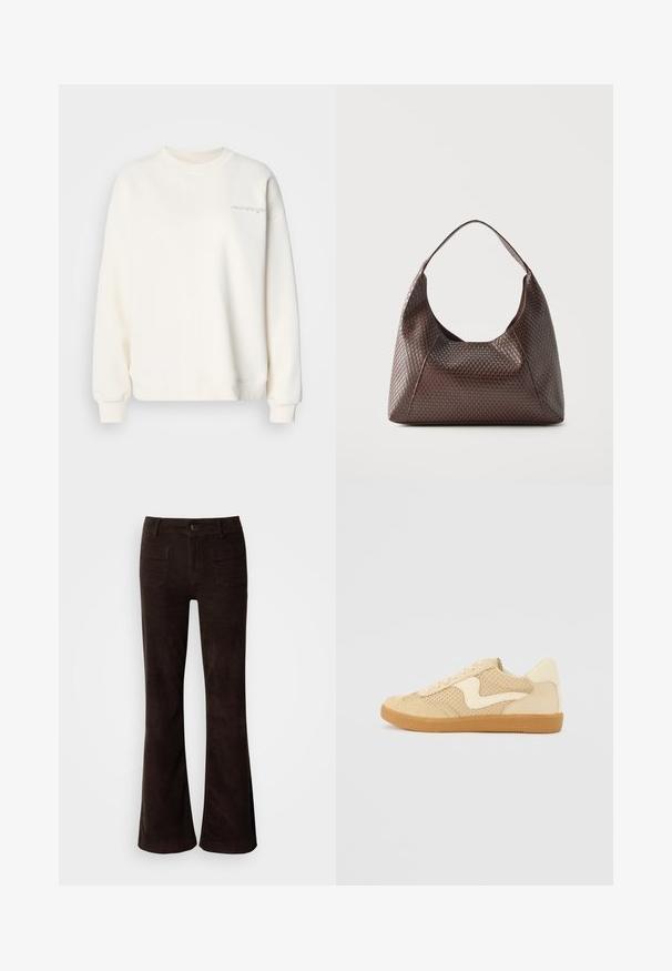 Sweatshirt beige clair avec col rond, poignets et ourlet côtelés. Présente un texte brodé subtil sur le devant. Matière douce avec une texture lisse.; Pantalon évasé en velours côtelé marron avec une taille haute, une fermeture boutonnée à l'avant et deux poches arrière. Texture lisse avec une finition légèrement brillante.; Sneaker beige avec des matériaux en daim et en maille, forme arrondie, col rembourré proéminent et semelle en caoutchouc gomme. Présente un accent de design en forme de vague.; Sac à épaule en cuir tressé marron avec une seule large bandoulière et un corps souple en forme de croissant.