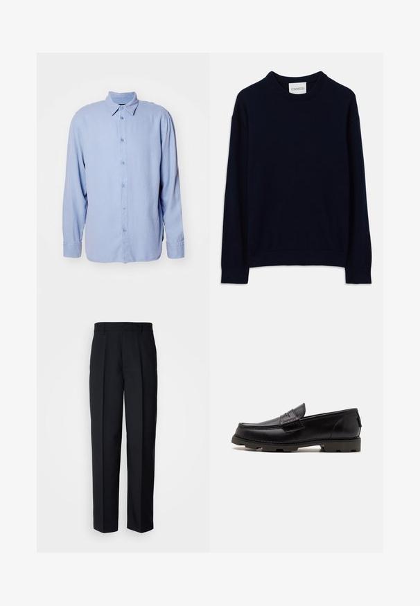Un pull à col rond bleu marine à manches longues avec des poignets et un ourlet côtelés, présentant une petite étiquette blanche avec l'inscription "CLOSED" au niveau du col.; Chemise bleu clair à boutons, fabriquée en tissu doux, avec un col classique, des manches longues et un fermoir à boutons sur le devant. Design minimaliste, sans motifs.; Pantalons plissés noirs en tissu lisse, avec une coupe droite et une taille standard avec passants de ceinture.; Mocassins en cuir noir avec un bout arrondi, des coutures décoratives et une semelle texturée pour une meilleure adhérence. Talon légèrement surélevé.