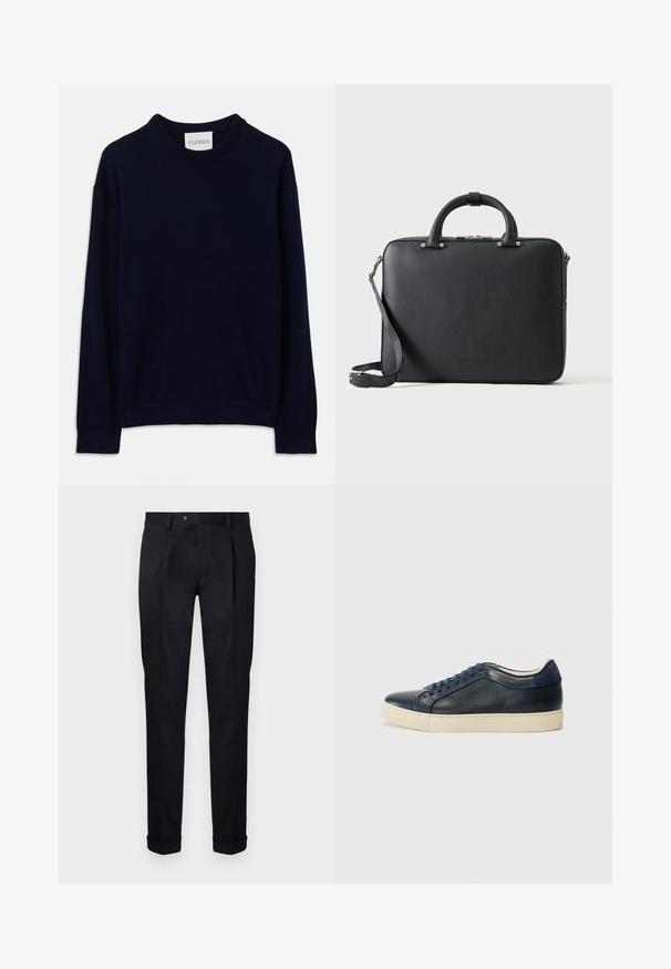 Marineblauwe langemouwen crewneck sweater met ribgebreide manchetten en zoom, met een klein wit label met "CLOSED" op de hals.; Op maat gemaakte zwarte broek van gladde stof, met een vlakke voorkant, twee voorplooien en omgeslagen boorden voor een scherpe, gestructureerde uitstraling.; Marineblauwe leren sneaker met een crèmekleurige rubbersole, voorzien van blauwe veters en een gladde textuur. Ronde neus en minimalistisch ontwerp.; Zwarte gestructureerde leren aktetas met dubbele handvatten, afneembare schouderriem en bovenste ritssluiting op een effen lichte achtergrond.