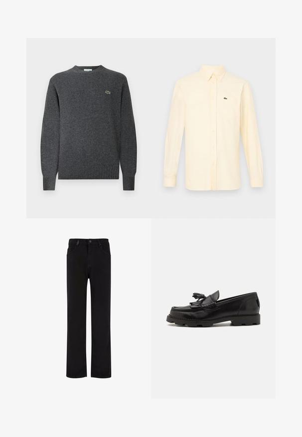 Grå strikket sweater med rund halsudskæring, ribbede manchetter og kant. Har et lille grønt Lacoste-logo på brystet. Blød tekstur.; Kremfarvet langærmet skjorte med knapper, krave og brystlomme med grøn broderet krokodillelogo.; Sorte denimbukser med lige ben design, der har en knaplukning, bælteløjfer og forlommer. Glat tekstur og ensartet farve.; Sorte læderloafer med et mokkasindesign, der har en dekorativ frynse og kvast, tekstureret overflade og kraftig gummisål.