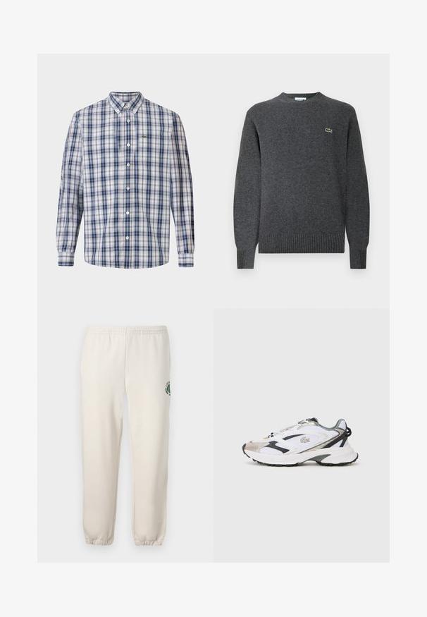 Suéter gris de punto con un cuello redondo, puños y dobladillo acanalados. Presenta un pequeño logo verde de Lacoste en el pecho. Textura suave.; Camisa de cuadros en azul y blanco, con un cuello clásico, mangas largas y un pequeño logotipo bordado en el pecho.; Pantalones de chándal de color beige claro, hechos de algodón, con una cinturilla elástica, puños acanalados y un logo verde con diseño de hoja en la pierna izquierda.; Zapatilla deportiva blanca con acentos en plata y negro, parte superior de malla, suela texturizada y un diseño aerodinámico que presenta un logotipo en el lateral.