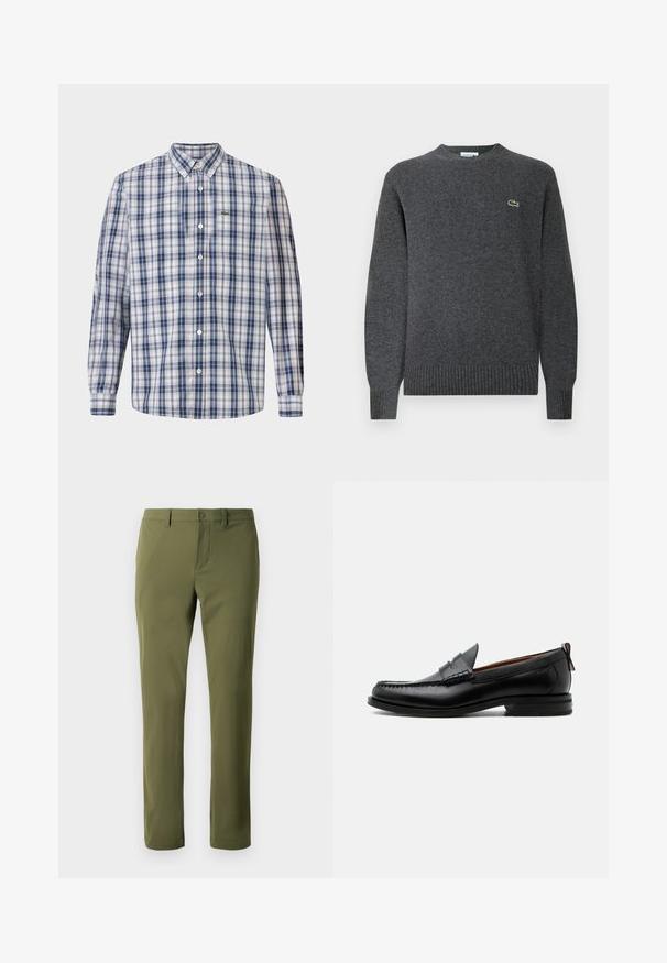 Grijze gebreide trui met een ronde halslijn, geribbelde manchetten en onderrand. Heeft een klein groen Lacoste-logo op de borst. Zachte textuur.; Geruite overhemde in blauw en wit, met een klassieke kraag, lange mouwen en een klein geborduurd logo op de borst.; Olijfgroene broek van gladde stof met een rechte snit, voorzien van een knoopsluiting en riemlussen. Geen zichtbare patronen of accenten.; Zwarte leren herensloffen met moc toe stiksel, pennyriem, gestructureerde kraag en lage gestapelde hak op witte achtergrond.