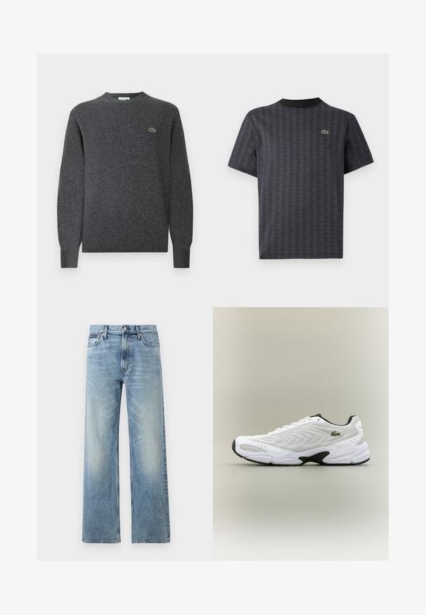 Grauer Strickpullover mit rundem Halsausschnitt, gerippten Bündchen und Saum. Auf der Brust befindet sich ein kleines grünes Lacoste-Logo. Weiche Textur.; Schwarzes Kurzarm-T-Shirt mit geometrischem Muster und grünem Krokodil-Logo, mit einem einfarbigen schwarzen Rundhalsausschnitt.; Hellblaue Jeans mit geradem Bein, hohem Bund, fünf Taschen, Knopfverschluss und dezentem Verblassen an Oberschenkeln und Knien.; Weißer Sportschuh mit strukturiertem Mesh-Obermaterial, geschwungenem Design und kontrastierender schwarzer Laufsohle. Mit grünem gesticktem Logo an der Seite.