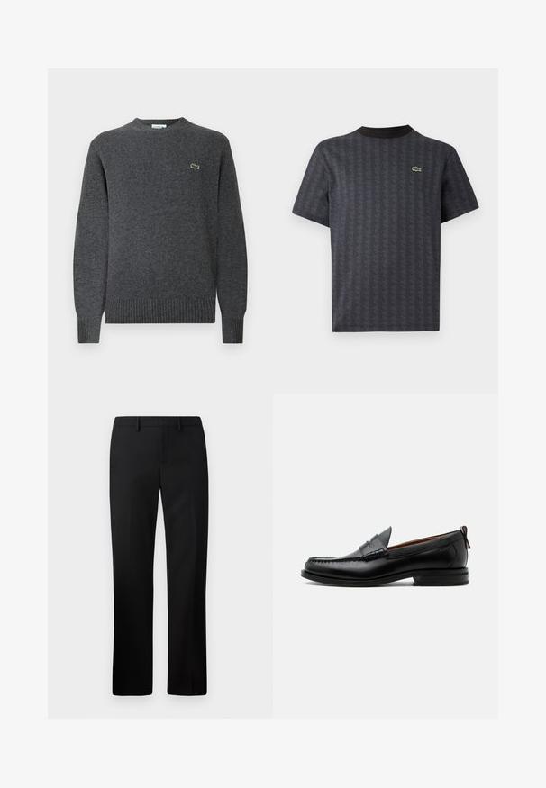 Pull en tricot gris avec un col rond, des poignets et un ourlet côtelés. Présente un petit logo vert Lacoste sur la poitrine. Texture douce.; T-shirt noir à manches courtes avec un motif géométrique et un logo crocodile vert, doté d'un col rond noir uni.; Pantalons noirs ajustés avec une coupe droite, fabriqués à partir d'un tissu lisse. Caractéristiques : devant plat et taille mi-haute.; Mocassin homme en cuir noir avec couture moc toe, bride penny, col texturé et petit talon empilé sur fond blanc.