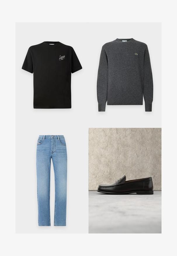 Hallus halli kootud sviiter ümmarguse kaeluse, soonikute mansettide ja äärega. Rinnal on väike roheline Lacoste logo. Pehme tekstuur.; Must musta t-särk lühikeste varrukatega, millel on vasakul rinnal prinditud valge "Lacoste" logo. Ümmargune kaelus.; Heledad sinine teksarihm, sirge sääre disain, nööbiga sulgemine, viie tasku stiil ja õrnalt fadeeritud tekstuur. Klassikaline teksapükste siluett.; Mustast nahast penny loafer madala kontsaga, ümara ninaga ja esikülje ning külgede ümber tikandiga, esitatud neutraalsel taustal.