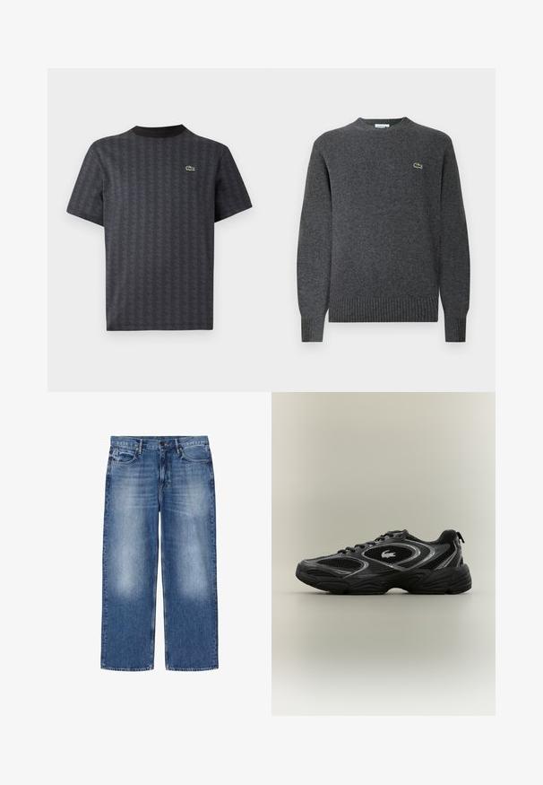 Grå strikket sweater med rund halsudskæring, ribbede manchetter og kant. Har et lille grønt Lacoste-logo på brystet. Blød tekstur.; Sort kortærmet t-shirt med et geometrisk mønster og et grønt krokodille-logo, med en ensfarvet sort rund hals.; Blåtonede straight-leg denimjeans med fem lommer og knaplukning, vist fladt på hvid baggrund.; Sort og grå atletisk sneaker med mesh-paneler, snørebåndsdesign, tyk sål og et lille krokodillelogo på siden.
