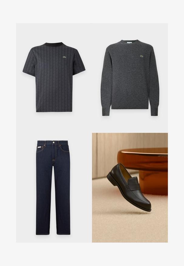 Pulover gri din tricot cu guler rotund, mâneci și tiv cu nervuri. Prezintă un mic logo verde Lacoste pe piept. Textură moale.; Tricou negru cu maneci scurte, având un model geometric și un logo verde de crocodil, cu un guler rotund solid negru.; Jeans din denim albastru închis, cu croială dreaptă, un design clasic cu cinci buzunare și cusături portocalii în contrast. Prezintă un sistem de închidere cu nasture metalic.; Pantof negru din piele tip loafer cu toc jos plutind deasupra podelei bej cu mochetă, lângă o masă rotundă maro.
