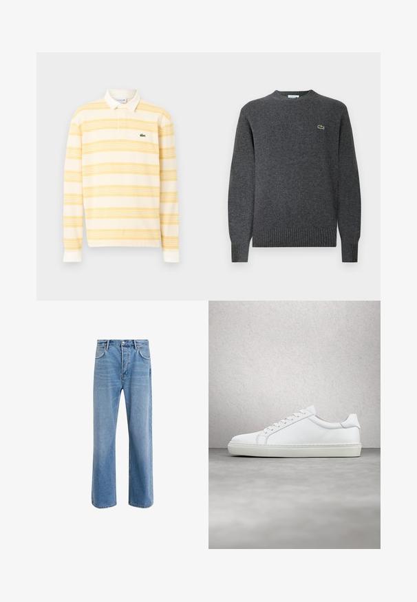 Pull en tricot gris avec un col rond, des poignets et un ourlet côtelés. Présente un petit logo vert Lacoste sur la poitrine. Texture douce.; Polo à manches longues rayé jaune et blanc avec un col blanc et un petit logo crocodile vert sur la poitrine.; Jeans en denim bleu clair avec une coupe droite, cinq poches, fermeture à bouton, peu d'usure et des détails de couture contrastés.; Sneaker blanche avec une tige en cuir lisse et un profil bas. Présente un bout arrondi, six œillets et une semelle en caoutchouc texturé.