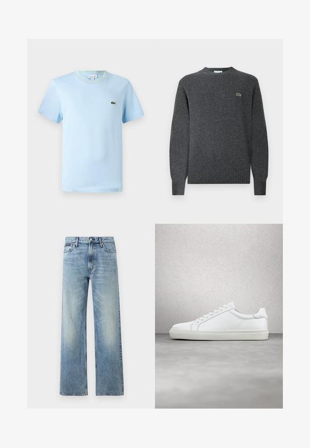 Grauer Strickpullover mit rundem Halsausschnitt, gerippten Bündchen und Saum. Auf der Brust befindet sich ein kleines grünes Lacoste-Logo. Weiche Textur.; Hellblaues Baumwoll-T-Shirt mit kurzen Ärmeln, einem Rundhalsausschnitt mit einem grün-weißen gestreiften Rand und einem kleinen gestickten Logo auf der Brust.; Hellblaue Jeans mit geradem Bein, hohem Bund, fünf Taschen, Knopfverschluss und dezentem Verblassen an Oberschenkeln und Knien.; Weißer Sneaker mit glattem Lederobermaterial und niedrigem Profil. Verfügt über eine runde Zehenpartie, sechs Ösen und eine strukturierte Gummisohle.