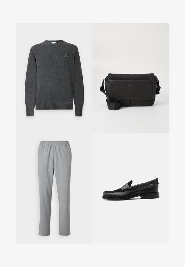 Pull en tricot gris avec un col rond, des poignets et un ourlet côtelés. Présente un petit logo vert Lacoste sur la poitrine. Texture douce.; Pantalons gris légers avec une texture lisse, une taille élastique et une conception à jambes droites. Présentent un motif subtil et fin sur l'ensemble.; Mocassin en cuir noir avec détail de bride grise, talon bas et semelle texturée, marqué "HUGO" en or sur le côté.; Sac messager noir en nylon texturé avec rabat avant, bandoulière ajustable et petit logo en accent. Comprend deux compartiments zippés.