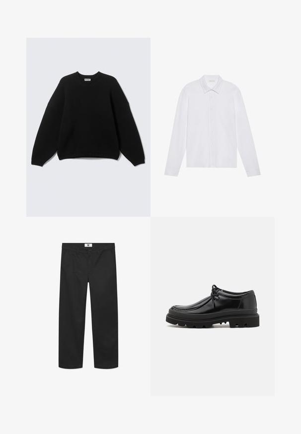 Zwarte trui met lange mouwen en ronde hals, met geribbelde manchetten en zoom, voorzien van het label "WEEKDAY" bij de halslijn, weergegeven op een eenvoudige achtergrond.; Witte lange mouwen shirt met een spitse kraag, frontale knoopsluiting en afgeronde manchetten, met een gladde, zachte stoftextuur.; Zwarte chino's van een soepele katoenstof. Voorzien van een knoopsluiting, voorzakken en een recht model met schone randen.; Zwarte leren derby schoenen met een strak ontwerp, ronde neus en een getextureerde rubberen zool met diepe groeven voor grip.
