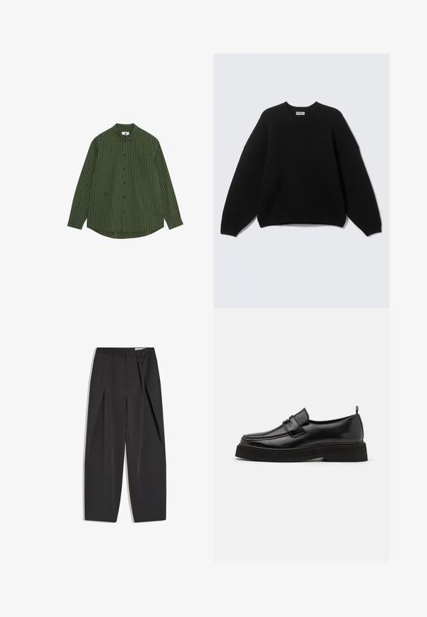 Sort langærmet rundhalset sweater med ribstrikkede manchetter og kant, mærket "WEEKDAY" ved halsudskæringen, vist på en ensfarvet baggrund.; Langærmet skjorte i mørkegrønne og marineblå lodrette striber, med en knappet krave, lomme på venstre bryst og en buet kant.; Sorte sorte bukser med høj talje, skræddersyede med læg, bæltestropper og lige ben, vist fladt på en hvid baggrund.; Sorte læder loafersko i stil med flad, tekstureret sål, med en syet tå og en rem over vristen.