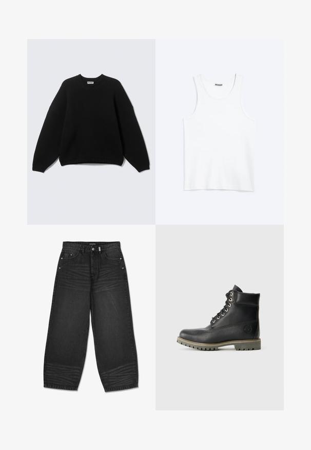 Sort langærmet rundhalset sweater med ribstrikkede manchetter og kant, mærket "WEEKDAY" ved halsudskæringen, vist på en ensfarvet baggrund.; Hvid ærmeløs tanktop med rund halsudskæring og Weekday-mærke på den indvendige baghals, vist fladt på lys baggrund.; Sorte denim wide-leg jeans med høj talje, fem lommer, diskret slidser og tonale syninger. Inklusive sølvfarvede hardware-detaljer.; Sorte læder ankelstøvler med snøredesign, polstret krave og en tekstureret panel. Har en robust sål og prægede logo på siden.