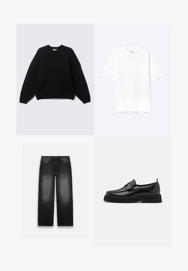 Sort langærmet rundhalset sweater med ribstrikkede manchetter og kant, mærket "WEEKDAY" ved halsudskæringen, vist på en ensfarvet baggrund.; Enkel hvid T-shirt med korte ærmer og rund hals med afslappet pasform, vist på en lys baggrund.; Sorte denim jeans med bred bendesign. Har fem lommer, let falmning og solid syning. Knaphul- og lynlås-lukning.; Sorte læder loafersko i stil med flad, tekstureret sål, med en syet tå og en rem over vristen.