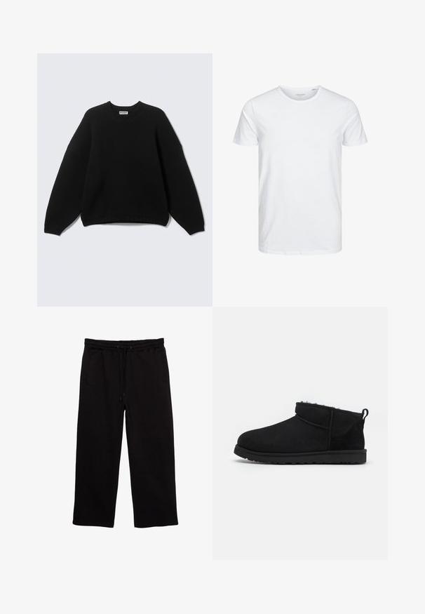 Sort langærmet rundhalset sweater med ribstrikkede manchetter og kant, mærket "WEEKDAY" ved halsudskæringen, vist på en ensfarvet baggrund.; Rundhals kortærmet t-shirt i ensfarvet hvid, lavet af blød bomuld, har et simpelt design uden synlige mønstre eller detaljer.; Sorte sweatpants lavet af blødt stof, med elastisk talje med snøre, to sidelommer og en afslappet pasform.; Sorte ruskind ankelstøvler med en blød, tekstureret foring, lavprofilgummi sål og en løkke bagpå for nem påtagning.