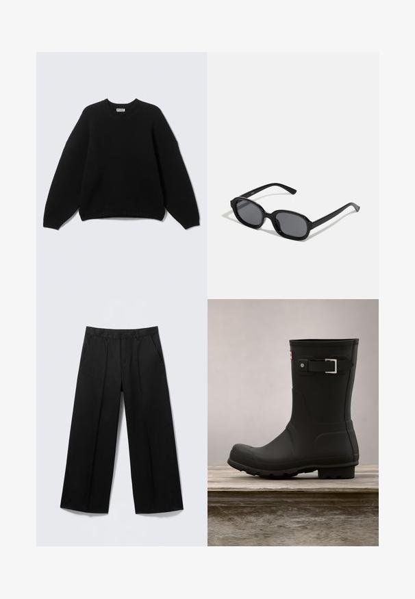 Pull noir à manches longues avec col rond, poignets et ourlet côtelés, portant l'étiquette "WEEKDAY" au niveau du col, présenté sur un fond uni.; Pantalon large noir avec passants pour ceinture, poches avant et fermeture éclair, présenté sur un fond gris clair.; Botte de pluie en caoutchouc noir avec un petit talon, un bout arrondi et un accent en boucle en argent. Présente une semelle texturée pour une meilleure adhérence.; Zign by Zalando Lunettes de soleil - black