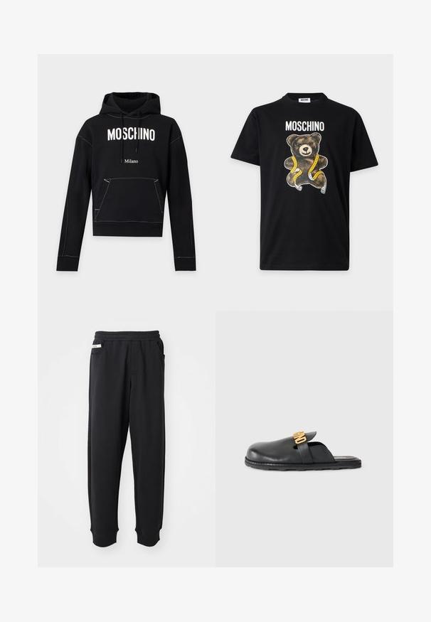 Zwarte hoodie met witte "MOSCHINO" tekst over de borst, kleinere "Milano" tekst eronder, voorzak en capuchon met trekkoord.; Zwart Moschino T-shirt met een tekening van een teddybeer ingepakt in een geel meetlint en de merknaam erboven gedrukt.; Zwarte sweatpants van zachte stof, met een elastische tailleband, zijzakken en geribbelde boorden bij de enkels. Minimalistisch ontwerp.; Zwarte leren instapschoenen met een gouden decoratieve band en een lage, gestructureerde rubberen zool op een effen achtergrond.