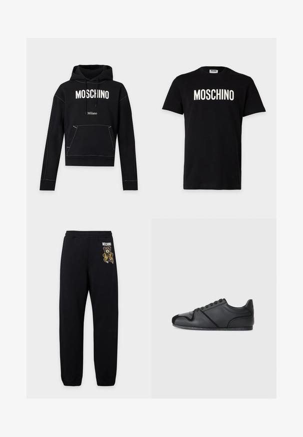 Schwarzer Hoodie mit weißem "MOSCHINO" Text auf der Brust, kleinerem "Milano" Text darunter, Fronttasche und Kapuze mit Kordelzug.; Schwarzes T-Shirt mit kurzen Ärmeln und weißem MOSCHINO-Logo mittig auf der Brust sowie rundem Ausschnitt.; Schwarze Jogginghose mit elastischem Bund, mit einem kleinen Teddybär und "Moschino" Logo am linken Oberschenkel.; Schwarze Sportschuhe mit einem glatten Lederoberteil, subtilen strukturierten Akzenten und einer kontrastierenden schwarzen Wildlederkappe. Mit einer Gummisohle.
