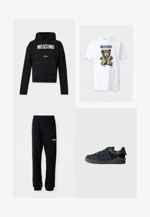 Čierna mikina s kapucňou s bielym textom "MOSCHINO" na hrudi, menším textom "Milano" pod ním, predné vrecko a kapucňa so šnúrkou.; Biele tričko s krátkym rukávom s textom "MOSCHINO" nad hnedým plyšovým medveďom zabaleným do žltej metrovacej pásky.; Čierne tepláky s relaxed fit strihom, vyrobené z mäkkého materiálu. Majú elastický pás a biele logo "Moschino" na ľavom stehne.; Čierne a námornícke tenisky sú vyrobené z semišových a sieťovinových materiálov, majú hrubú podrážku a výrazný výrez v tvare "M" na boku.