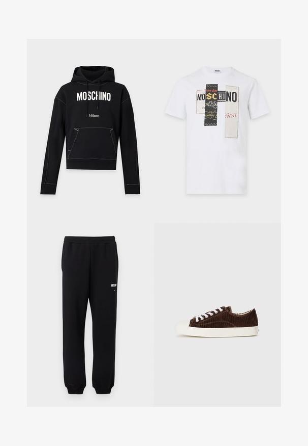 Black hoodie with white "MOSCHINO" text across chest, smaller "Milano" text below, front pocket, and drawstring hood.; White short-sleeve t-shirt with three vertical patch designs featuring fragmented text including "MOSCHINO" in black, yellow, and red letters.; Black sweatpants with elastic waistband and cuffs, featuring small white "Moschino" logo on the upper left thigh.; Brown corduroy low-top sneaker with white laces and a white rubber sole, shown from the side on a light gray background.