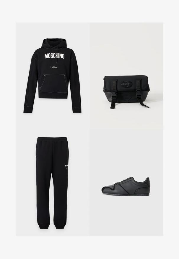 Μαύρο φούτερ με λευκό κείμενο "MOSCHINO" στο στήθος, μικρότερο κείμενο "Milano" από κάτω, μπροστινή τσέπη και κουκούλα με κορδόνι.; Μαύρο παντελόνι φόρμας με ελαστική μέση και μανσέτες, με μικρό λευκό λογότυπο "Moschino" στο πάνω μέρος του αριστερού μηρού.; Μαύρα αθλητικά παπούτσια με άνω μέρος από λείο δέρμα, διακριτικές υφασμάτινες λεπτομέρειες και αντίθετο καπάκι από μαύρη σουέτ στην μύτη. Διαθέτουν ελαστική σόλα.; Μαύρο τσαντάκι Moschino χιαστί με μπροστινό καπάκι, δύο λουράκια με αγκράφες και έμβλημα λογότυπου σε απλό ανοιχτό φόντο.
