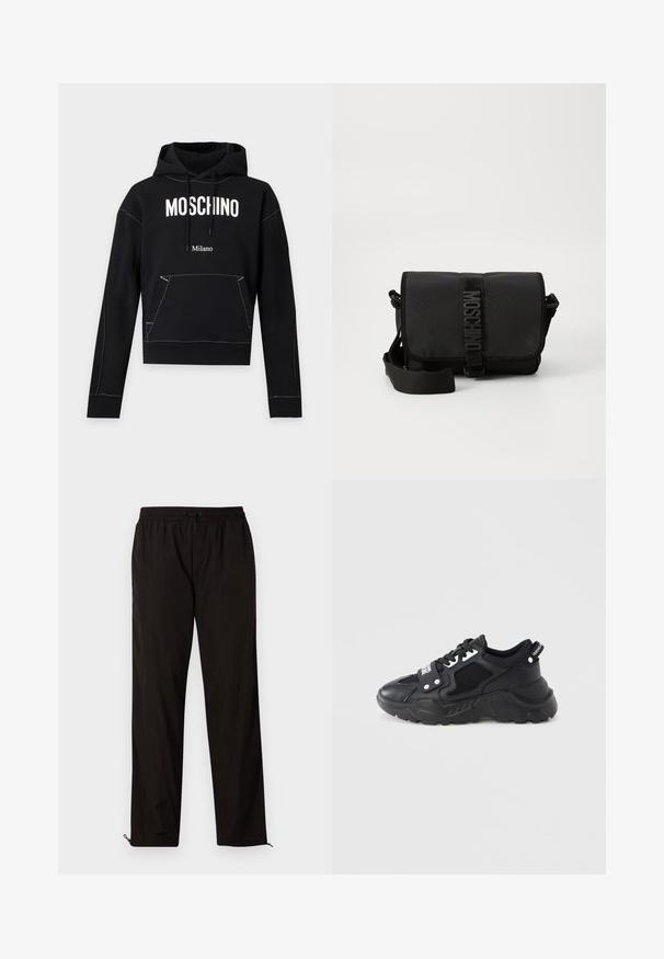 Sort hættetrøje med hvid "MOSCHINO" tekst over brystet, mindre "Milano" tekst nedenunder, frontlomme og snørehætte.; Sorte letvægtsbukser med elastisk talje, snørrelseslukning og lynlåse i kanten for justerbar pasform. Glat, elegant tekstur.; Sort sneaker med en kraftig sål, der har meshpaneler og læderdetaljer. Indeholder hvide snørebånd og mærke på siden.; Sort nylon crossbody taske med en klap, prydet med en fremtrædende logo-rem lukning, justerbar rem og sidelægninger.