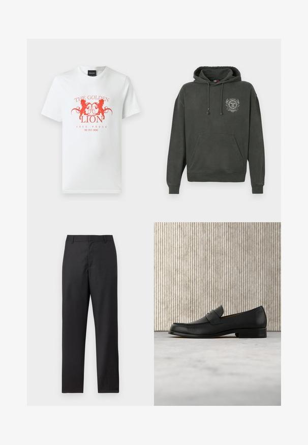 Sudadera gris oscuro con bolsillo frontal, cordones y un pequeño emblema blanco en el lado izquierdo del pecho que muestra un escudo y texto.; Camiseta de algodón blanca con un estampado gráfico rojo de dos leones y el texto "THE GOLDEN LION FREE HOUSE" en un diseño circular. Mangas cortas.; Pantalones formales negros con piernas rectas, trabillas para cinturón y cierre frontal oculto, exhibidos sobre un fondo blanco.; Zapato mocasín de cuero negro flotando sobre una alfombra beige con una mesa redonda marrón brillante al fondo.