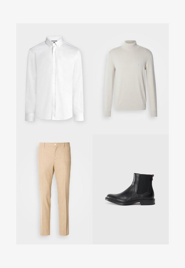 Suéter de cuello alto de color beige claro, confeccionado en un material de punto suave, con mangas largas y un pequeño parche cuadrado con un logo en el pecho.; Camisa blanca de manga larga con botones, cuello abotonado y puños estándar, mostrada sobre un fondo liso de color gris claro.; Pantalones beige a medida con una tela texturizada, diseño de pierna recta, pliegues frontales y un cierre de botón único en la cintura.; Botín Chelsea de cuero negro con paneles elásticos laterales, punta redondeada y tacón bajo apilado. Presenta una lengüeta roja y un sutil logotipo en el costado.