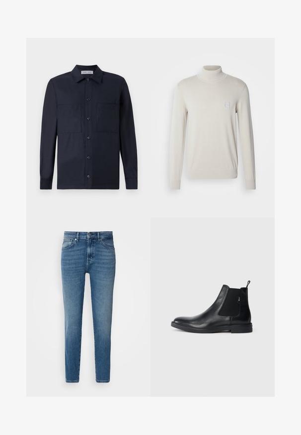 Lys beige turtleneck sweater lavet af et blødt strikket materiale, med lange ærmer og en lille firkantet logo-patch på brystet.; Samsøe Samsøe TAKA JO OVERSHIRT - Skjorter - dark blue; Lysblå denimjeans med lige pasform, traditionelt fem-lomme-design, metalknaplukning og diskret slid på fronten.; Sorte læder Chelsea støvler med elastiske sidepaneler, en pull-tab og en flad gummisål. Glat tekstur med minimal detaljer.