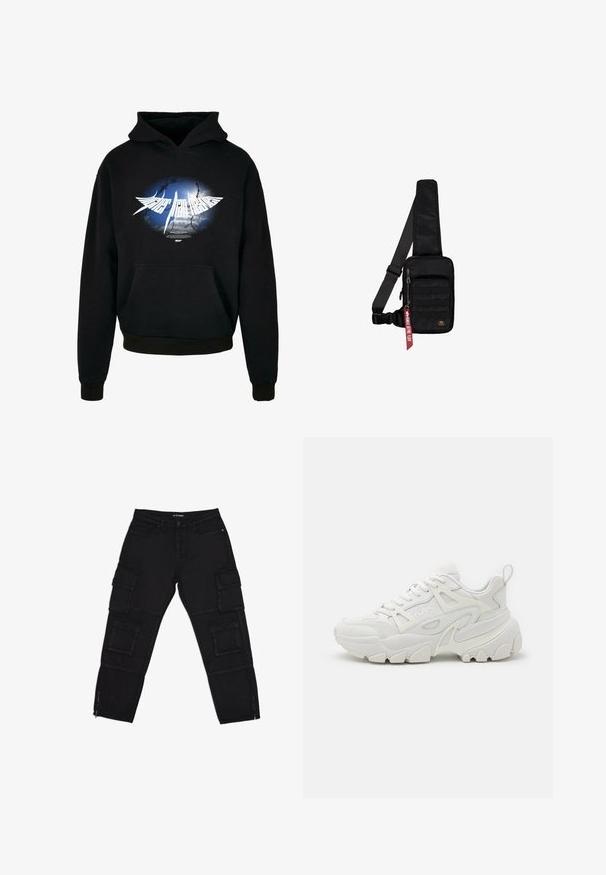 Hoodie noir avec un graphique central blanc et un design de sursaut bleu et gris, accompagné du texte "Plus haut que le ciel" dans une police stylisée. Poche avant.; Pantalons cargo noirs en tissu durable, dotés de plusieurs poches cargo, de chevilles zippées et de jambes droites avec des détails de couture subtils.; Des baskets de sport blanches avec une tige texturée, des panneaux en maille, une semelle en caoutchouc proéminente et des découpes décoratives sur les côtés.; Sac bandoulière noir en tissu texturé. Comprend un compartiment principal à fermeture éclair, une poche avant avec sangle, une bandoulière réglable et une étiquette décorative.