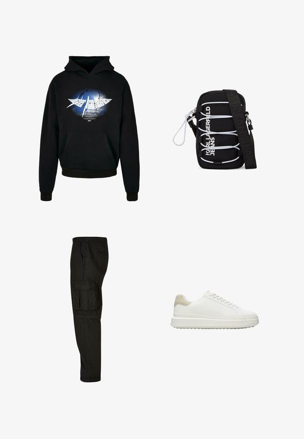 Schwarzer Hoodie mit einem zentralen weißen Grafikdesign, das einen blauen und grauen Burst-Effekt zeigt, sowie dem Text "Higher than Heaven" in stilisierter Schrift. Mit Fronttasche.; Schwarze Cargo-Hosen mit lockerer Passform, elastischem Bund, Seitentaschen und einer großen Cargotasche am Oberschenkel. Weicher, leichter Stoff.; Weiße Sneakers aus glattem Leder mit einer texturierten, beigen Fersenapplikation, runden Schnürsenkeln, einem flachen Design und einer Gummisohle.; Schwarze Umhängetasche mit weißen elastischen Schnüren, silbernen Beschlägen und dem Aufdruck "KARL LAGERFELD JEANS" in Weiß auf der Vorderseite, mit breitem schwarzem Träger.