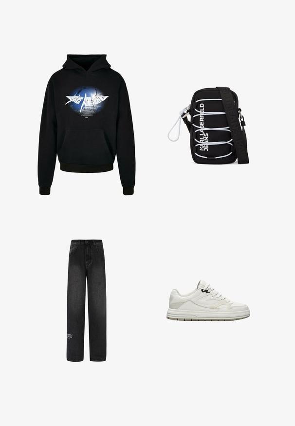 Sort hættejakke med et centralt hvidt grafik og et blågrå burst-design samt teksten "Higher than Heaven" i stiliseret skrifttype. Lomme foran.; Sorte denim bukser med bred benvidde og høj talje, med to forlommer og en dekorativ logodetalje på det nederste ben.; Hvid lav sneakers med snørebånd, subtile grå accenter og en tyk sål med slidbanemønster for godt greb.; Sort crossbody-taske med hvide elastiske snore, sølv hardware og teksten "KARL LAGERFELD JEANS" i hvid på forsiden, med en bred sort strop.