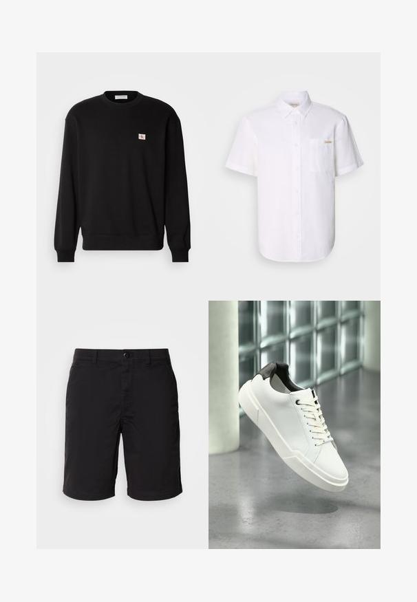 Zwarte katoenen crewneck sweatshirt met lange mouwen, voorzien van een klein, rechthoekig logo-patch op de borst en geribbelde manchetten.; Witte short-sleeve button-up shirt van lichtgewicht stof, met een borstzak en een subtiele logo-detail. Gladde textuur en klassieke kraag.; Zwarte shorts gemaakt van lichtgewicht stof, met een knoopsluiting, standaard taille en rechte snit. Geen patronen of zichtbare accenten.; Witte lage sneaker met zwarte, gestructureerde hielkap, witte veters en dikke zool op een gepolijste betonnen vloer nabij glazen blokken.