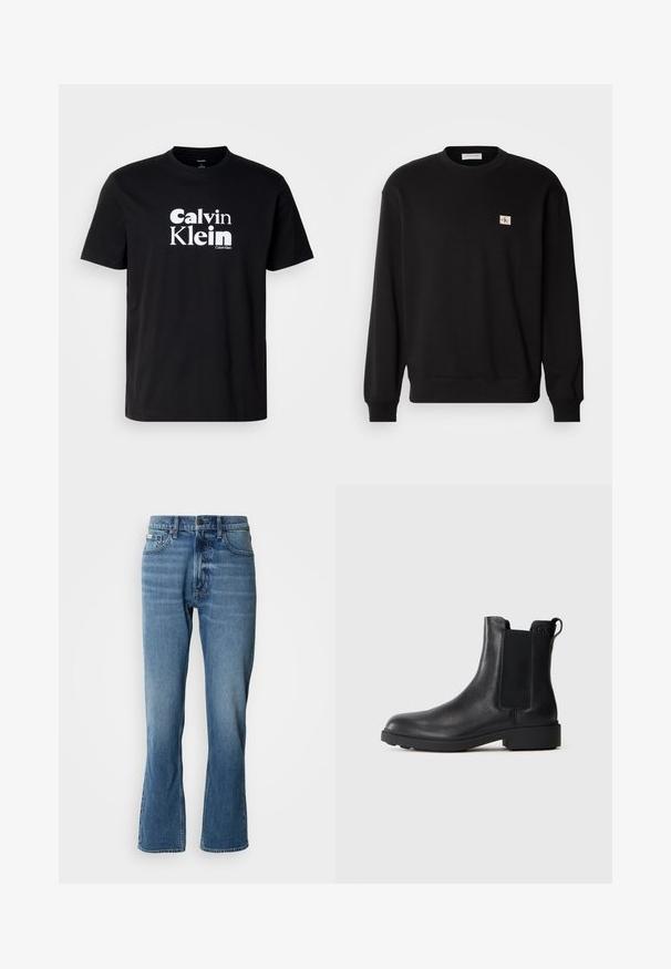 Zwarte katoenen crewneck sweatshirt met lange mouwen, voorzien van een klein, rechthoekig logo-patch op de borst en geribbelde manchetten.; Zwarte katoenen T-shirt met een opvallend wit "Calvin Klein" logo, ronde hals, korte mouwen en een standaard pasvorm.; Lichtblauwe denim jeans met een rechte snit en een lichte flare. Beschikt over vijf zakken, een knoopsluiting en subtiele wassingdetails.; Zwarte leren enkelboot met elastische zijpanelen, trekhaak op de hiel en een lage blokzool tegen een effen achtergrond.