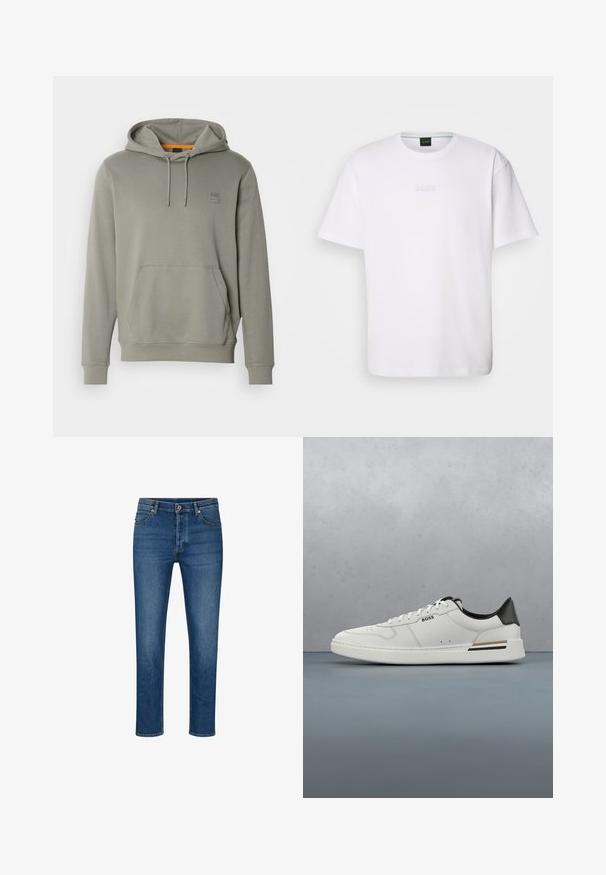 BOSS WETALK - Kapuzenpullover - open grey; Weißes Baumwoll-T-Shirt mit kurzen Ärmeln, rundem Ausschnitt und geprägtem "BOSS"-Logo auf der Brust. Glatte Textur, normale Passform.; Blaue Denim-Jeans mit geradem Schnitt, ausgestattet mit fünf Taschen, Gürtelschlaufen und einem Knopfverschluss. Leichte Abnutzungsspuren und kontrastierende Nähte.; Weißer Sneaker mit niedrigem Schnitt und schwarzer Ferse, Schnürverschluss, dezenten Perforationen und "BOSS"-Logo an der Seite, gezeigt von der äußeren Seitenansicht.