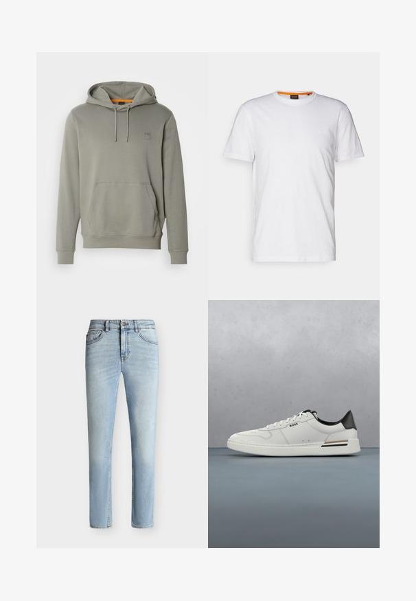 BOSS WETALK - Kapuzenpullover - open grey; Weißes Baumwoll-T-Shirt mit Rundhalsausschnitt, kurzen Ärmeln und einem dezenten geprägten Logo auf der Brust. Das Innenschild hat einen orangefarbenen Akzent.; Hellblaue Slim-Fit-Jeans aus Denim mit vorne Knopf und Reißverschluss, Fünf-Taschen-Design und subtiler Verblassung vom Oberschenkel bis zum Knie.; Weißer Sneaker mit niedrigem Schnitt und schwarzer Ferse, Schnürverschluss, dezenten Perforationen und "BOSS"-Logo an der Seite, gezeigt von der äußeren Seitenansicht.