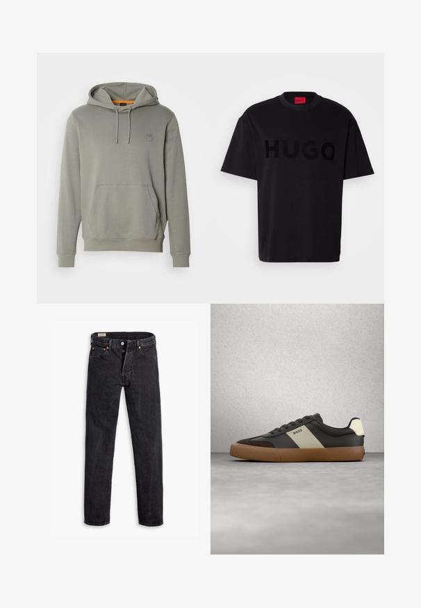 BOSS WETALK - Hættetrøje - open grey; Sort bomulds t-shirt med korte ærmer, rund hals, med et stort, blankt sort "HUGO" logo på forsiden. Glat tekstur.; Sorte jeans med høj talje og lige ben, med knapgylp og fem-lomme design lagt fladt på hvid baggrund.; Sort og brun sneaker med beige stribe og "BOSS"-logo, svævende over gråt betongulv og baggrund med glassblokvæg.