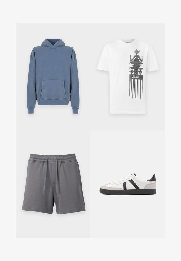 Hoodie en coton bleu avec une poche avant, capuche réglable avec cordon et poignets côtelés. Texture lisse, coupe décontractée et détails cousus.; T-shirt en coton blanc avec un design graphique noir représentant une figure au-dessus d'un grand peigne. Le design comprend des détails complexes et du texte.; Shorts décontractés gris avec taille élastique et cordons, poches avant et ourlet droit sur fond blanc.; Baskets blanches avec des accents noirs et gris, présentant un embout texturé gris, une semelle en caoutchouc noir et des lacets plats blancs. Design épuré, style minimaliste.
