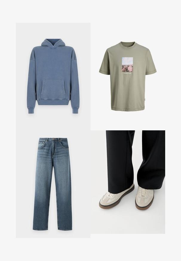 Blauwe katoenen hoodie met een voorzak, een verstelbare trekkoordcapuchon en ribgebreide manchetten. Soepele textuur, relaxte pasvorm en gestikte details.; Licht olijfgroen T-shirt met korte mouwen en een rechthoekige print van roze rotsen en lucht, gecentreerd op de borst, met kleine witte tekst onder de print.; Rechtaankomende blauwe spijkerbroek met een vervaagde was, voorzien van een vijfzakkenontwerp, metalen knoop en riemlussen. Gestructureerde, middelzware stof.; Voeten met beige sneakers met bruine zolen en zwarte wijde broekspijpen op een witte achtergrond.