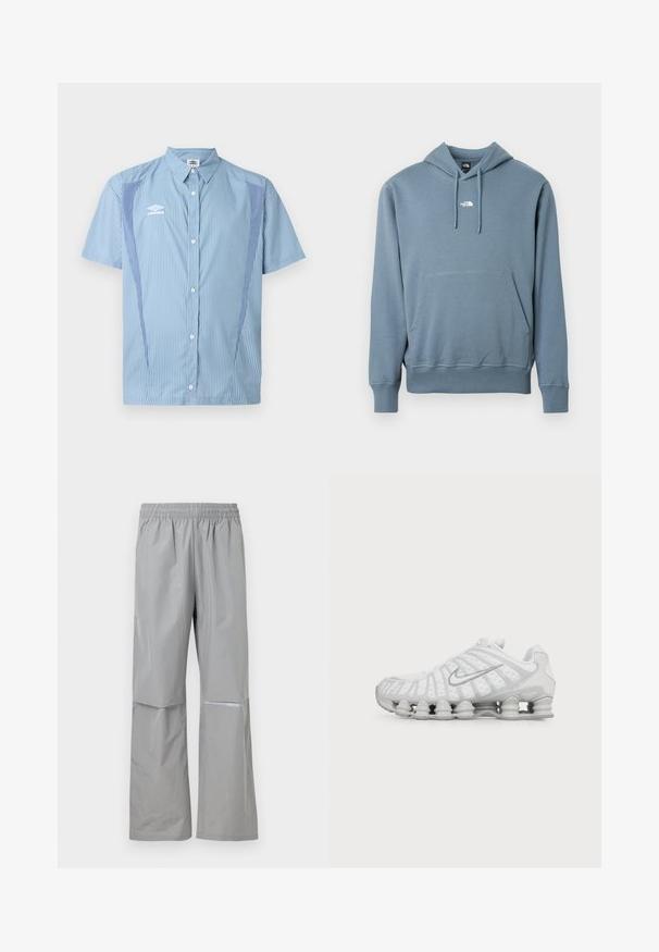 Sweat à capuche bleu avec poche kangourou à l'avant et petit logo blanc The North Face centré sur la poitrine.; Chemise à manches courtes bleu clair avec fines rayures verticales, panneaux latéraux contrastés et logo Umbro blanc sur la poitrine gauche.; Pantalon de pluie imperméable gris clair avec taille élastique et bande réfléchissante sur la jambe droite, conçu pour une utilisation en extérieur.; Chaussure de running blanche Nike avec semelle à coussin d’air visible et logo swoosh argenté sur le côté, vue de l'extérieur.