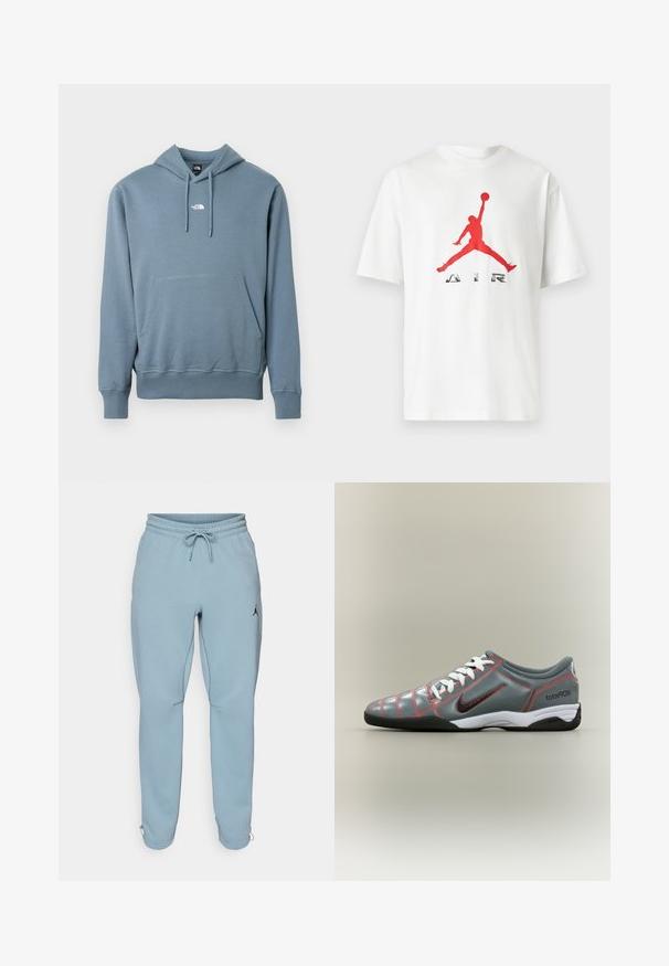 Sudadera azul con capucha, bolsillo tipo canguro en la parte frontal y pequeño logo blanco de The North Face centrado en el pecho.; Camiseta blanca de manga corta con una silueta roja de un jugador de baloncesto saltando y la palabra "AIR" debajo en la parte delantera.; Pantalones deportivos de un azul claro, confeccionados en una tela suave, con una waistband elástica y cordón, bolsillos laterales y un pequeño logo negro en el muslo.; Zapatilla de fútbol sala Nike Total 90 III en color gris, con cordones blancos, suela negra, costuras rojas y logo swoosh negro en el lateral.