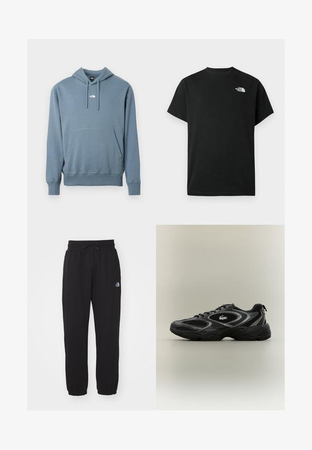 Blå hættetrøje med front-kængurulomme og lille hvid The North Face-logo centreret på brystet.; Sort t-shirt med korte ærmer lavet af bomuld. Har en hvid logo på venstre bryst. Enkelt snit med rund halsudskæring og minimalt design.; Sorte sweatpants lavet af blødt stof, med en elastisk talje med snor, manchetter ved anklerne og et lille logo på det øverste lår.; Sort og grå atletisk sneaker med mesh-paneler, snørebåndsdesign, tyk sål og et lille krokodillelogo på siden.