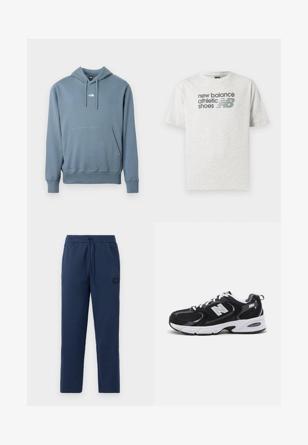Blauwe capuchontrui met voorzak in kangoeroestijl en een klein wit The North Face-logo in het midden van de borst.; Lichtgrijs T-shirt met korte mouwen met de tekst "new balance athletic shoes" en een gestileerd "NB" logo in donkergrijs op de borst.; Donkerblauwe joggingsbroek van een zachte katoenmix, met een elastische tailleband met trekkoord en een klein merkje op de heup.; Zwarte en grijze sport schoenen met een bovenwerk van mesh en suede, voorzien van een witte tussenzool, veters en een gedurfde "N"-logo aan de zijkant.