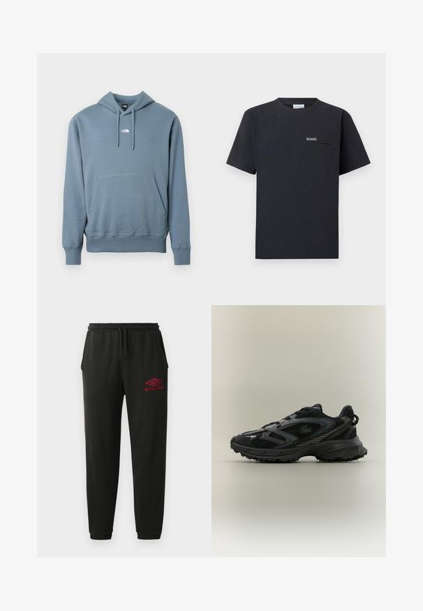 Blå hættetrøje med front-kængurulomme og lille hvid The North Face-logo centreret på brystet.; Sort kortærmet Columbia T-shirt med brystlomme med lynlås og lille logo patch, vist på en hvid baggrund.; Sorte sweatpants med elastisk talje og manchetter, sidelommer og rødt Umbro-logo på venstre lår.; Sort atletisk sko med meshpaneler, en tekstureret sål, snørebånd og en buet silhuet med sølvfarvede accenter på siderne.
